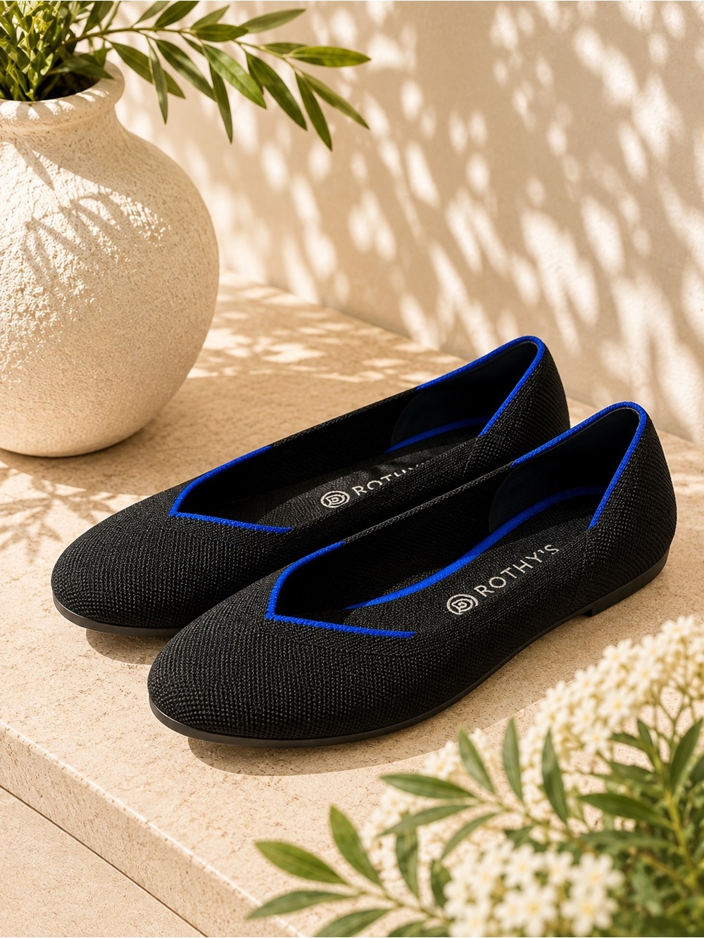 Rothy’s The Flat Black Blue Trim Knit Ballet Flats Women’s Size 8 balletcore